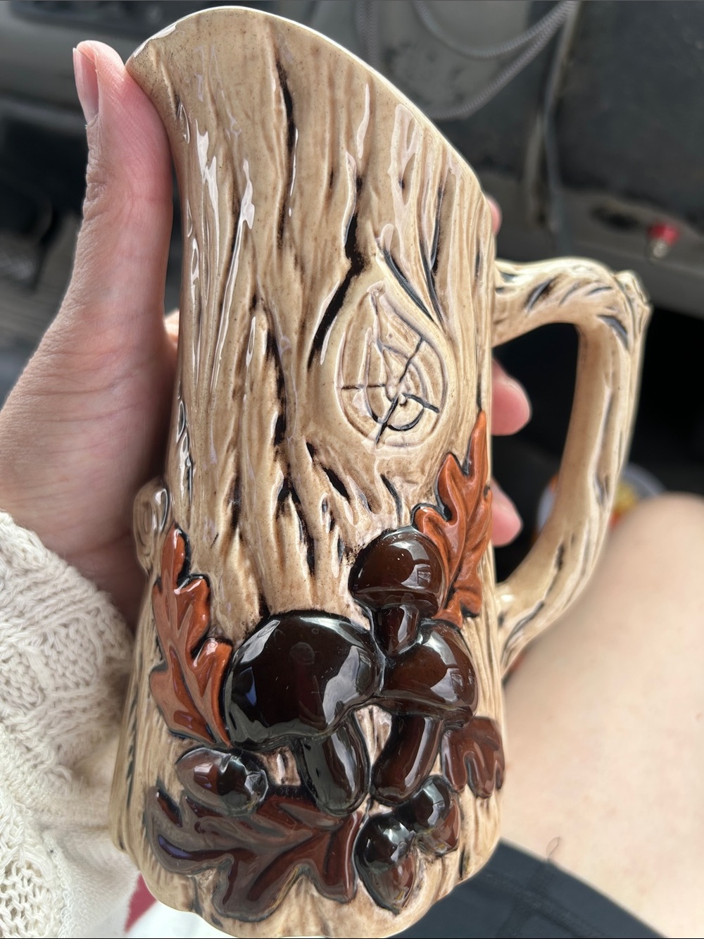 vintage Handcrafted Oak Tree Ceramic Pitcher with Brown Acorn and mushroom 🍄